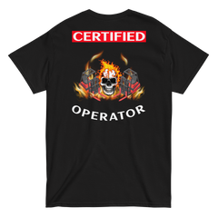 Twin Forklift Skull Flames In, Certified Forklift Operator RW Classic tee