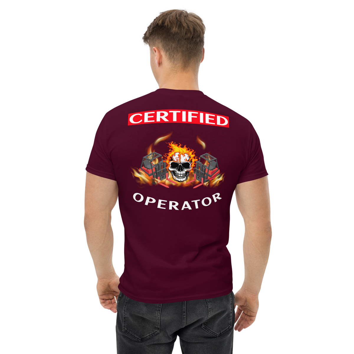 Twin Forklift Skull Flames In, Certified Forklift Operator RW Classic tee