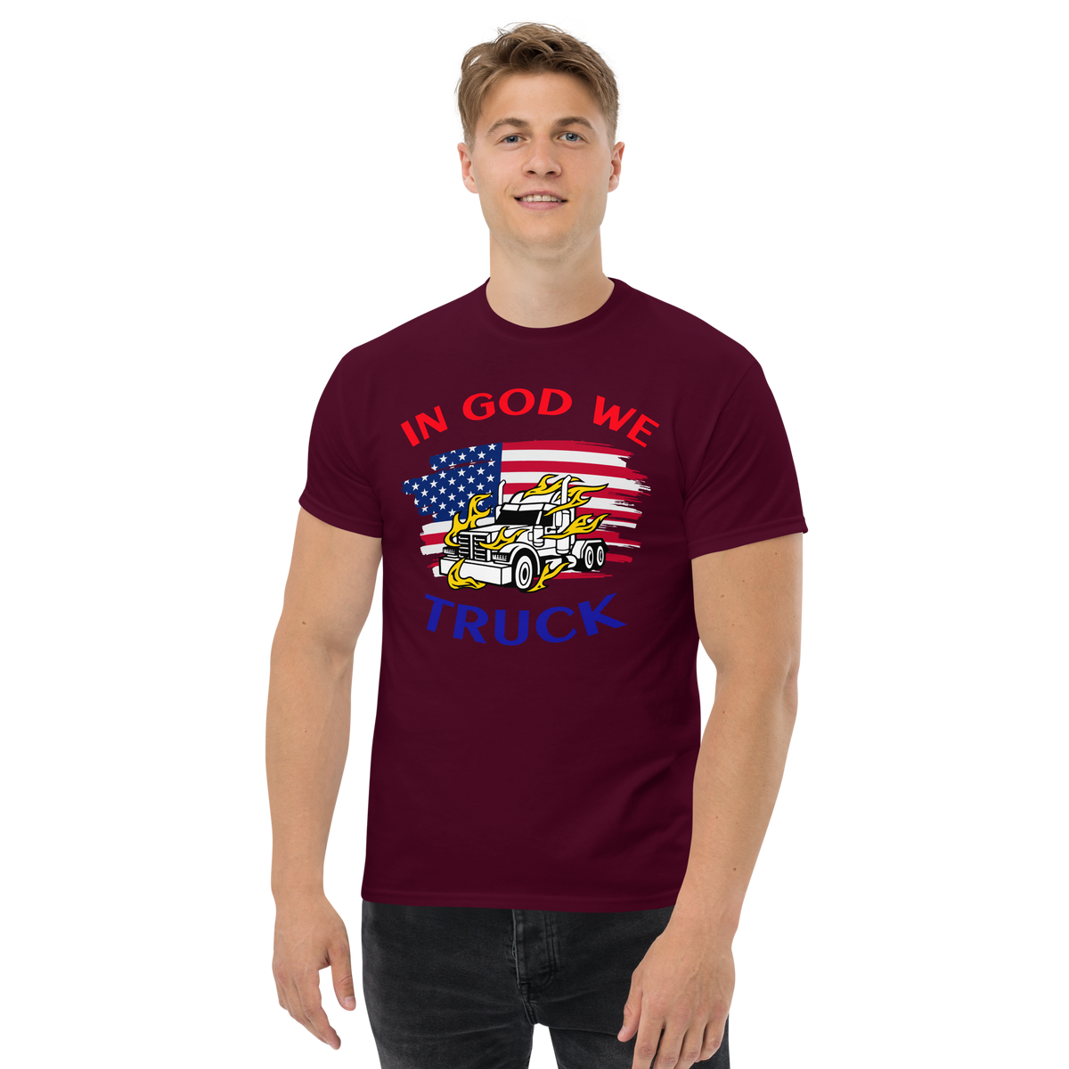 American Trucker in Flames In God We Truck RWB Classic tee