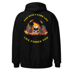 Twin Forklift Skull in Flames, You Don't Fork Life, Life Forks You BRY Unisex Hoodie