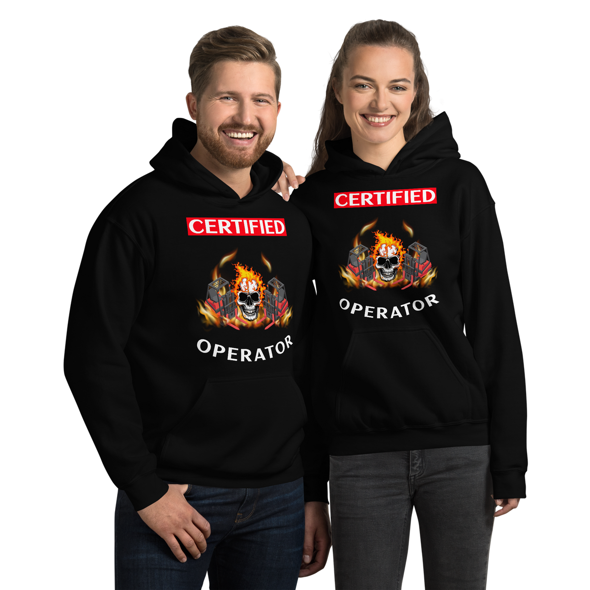 Twin Forklift Skull Flames in Certified Forklift Operator RW Unisex Hoodie