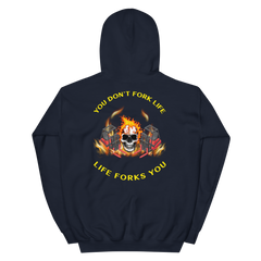 Twin Forklift Skull in Flames, You Don't Fork Life, Life Forks You BRY Unisex Hoodie