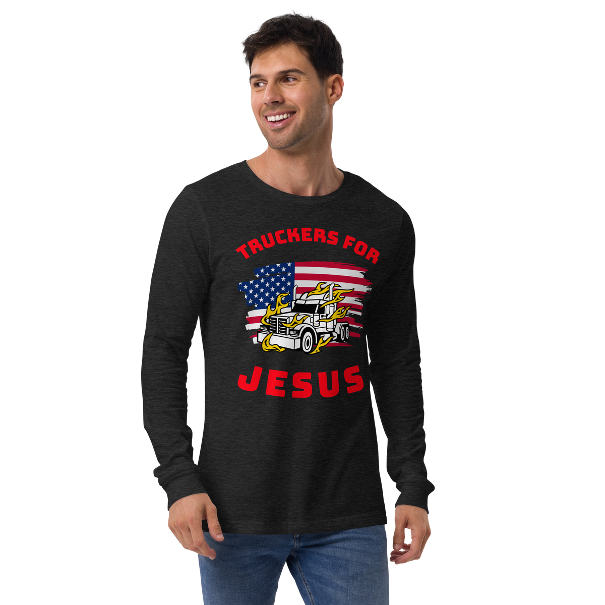 American Trucker in Flames Truckers for Jesus WR Unisex Long Sleeve Tee