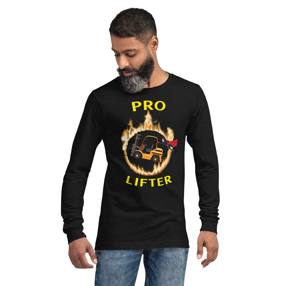 Forklift Superhero in Flames Pro Lifter GY Unisex Long Sleeve Tee