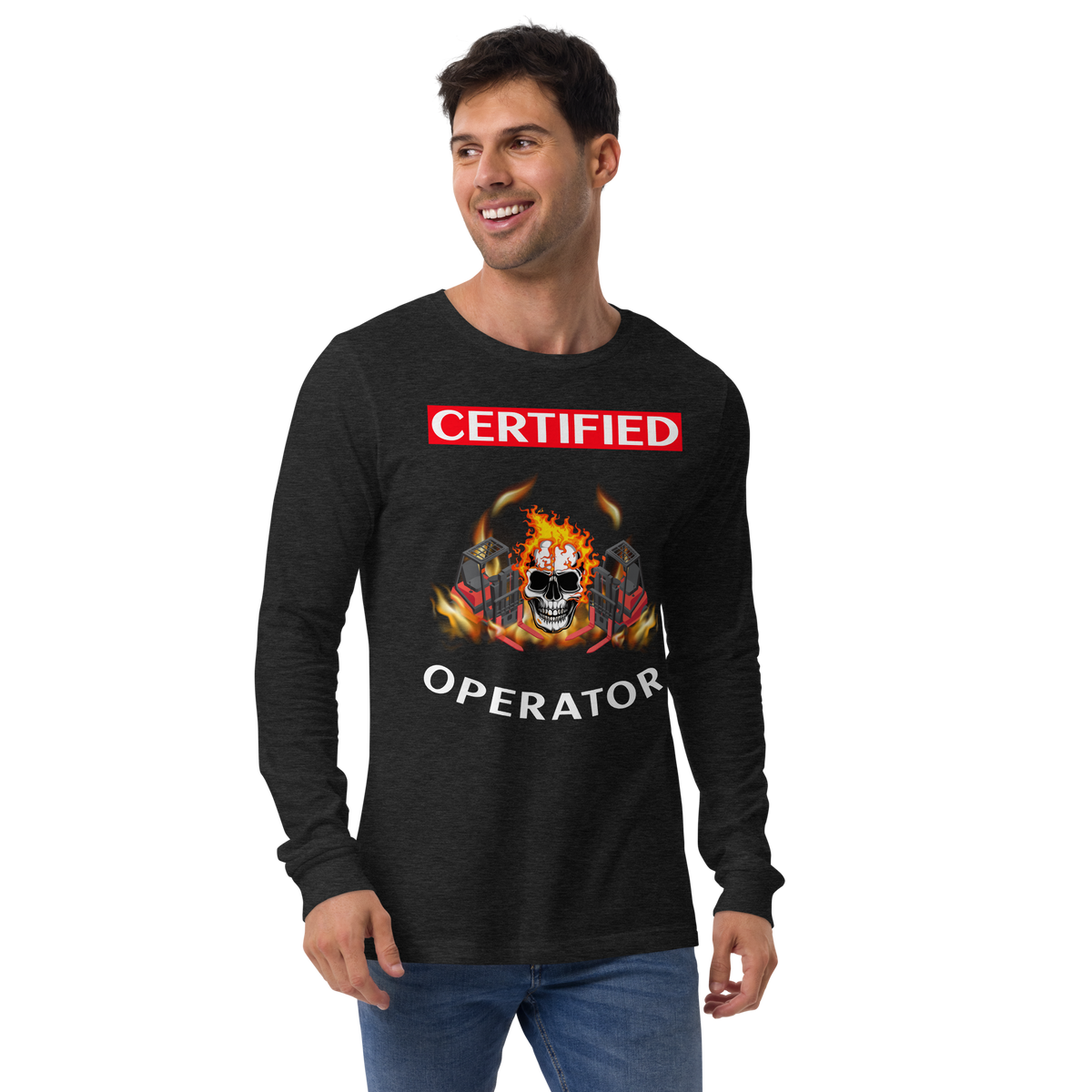 Twin Forklift Skull Flames In Certified Forklift Operator RW Unisex Long Sleeve Tee