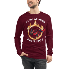 Forklift Superhero in Flames, Fork Around Find Out RW Unisex Long Sleeve Tee